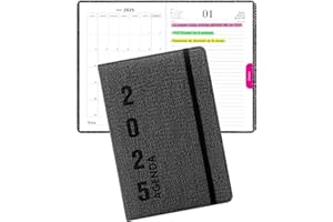 HW CASA Agende 2025 Giornaliera A5 Copertina Rigida con 200 Pagine Spesse Segnalibro in Raso Pianificazione Mensile e Giornaliera Etichette Colorate per i 12 Mesi