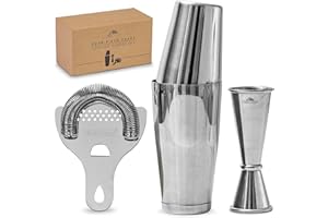 A BAR ABOVE Boston Shaker Set: Professional two-piece Stainless Steel Cocktail Shaker set with Hawthorne Strainer and Japanese Jigger
