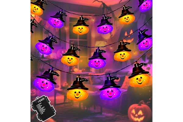 Dalugo - 3 m lila och orange Halloween-ljusslinga, 20 lysdioder, pumpa, batteridriven med timer, 8 lägen, väderbeständig för halloween, trädgård, fest