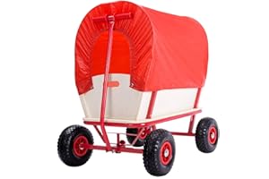Deuba Carro Manual para Jardin de Madera Roja Carretilla Multiuso con Techo de Lona extraíble máx.180Kg