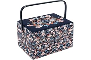 Hobby Gift Großes Nähkästchen – bestickter Baumwollstoff mit Vögeln in Blumen, mit Kunststoffgriff, Innenschale aus Hartplastik mit Fächern, Deckel mit Tasche und stilvollem Nadelkissen, 23,5x31x20cm