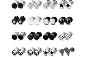 JeryWe 9-16 Pares Pendientes Studs para Hombre Mujere Acero Inoxidable Redondo Plata Negro Stud Pendientes Fake Plug Orejas Tornillo Barbell Ear Plugs Faux Gauges Ear Tornillo 8MM