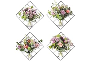 KAZITOO Magic 3D Vivid Green Plants Flower Bouquet Vases Grid Wall Decor Decal, Vinyl Removable Flower in Glass Bottle Wall Stickers for Bedroom Living Room Office Kitchen Decorations, Set of 4(22x22cm)