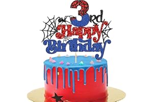 Gyufise 1Pcs Spider Happy 3rd Birthday Cake Topper Red Blue Glitter Baby Shower Party Cake Decoration for Spider Themed Birthday Anniversary Party Supplies