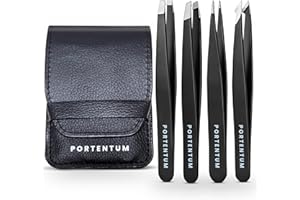 PORTENTUM Professional Tweezers for Facial Hair Women and Men - Stainless Steel Precision Tweezers for Ingrown Hair (4 Pcs)