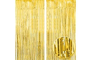 OWILL 2pcs 3ft X 8.3ft Gold Metallic Tinsel Curtains Aluminum Foil Flow Silk Curtain Background Streamer Birthday Party Wedding Holiday Backdrop Decoration