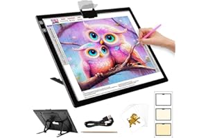 HIUKCOLED Rechargeable A3 Light Pad, Battery Powered Light Board with Foldable Stand, top Clip, 3 Colors/Stepless/6-level Brightness, Wireless LED Tracing Box for Diamond Painting,Drawing,Sketching