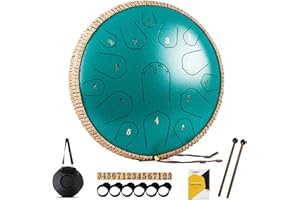 MeloBeat Bęben językowy 14 cali, 15 tonów – profesjonalny stalowy zestaw perkusyjny w kształcie ręki D Dur wraz z książką z piosenkami, pałeczkami perkusyjnymi i torbą do przenoszenia (zielony)