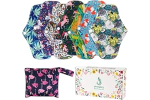 PHOGARY Wkładki menstruacyjne wielokrotnego użytku (7 w 1, 25,4 cm, 4 warstwy), bambusowe podkładki z tkaniny do intensywnego przepływu z mokrym workiem, duży zestaw podpasek higienicznych ze skrzydłami,