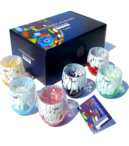 H&H Lot De 6 Verres Veneziano En Verre Décoré Multicolore 38cl - Fabriqués à La Main En Italie