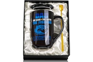 Doublewhale Dad Gifts, Dad Birthday Gifts, Father's Day Gifts for Dad from Daughter Son, 18OZ Black Ceramic Metal Glaze Coffee Cup, Fishing Gifts for Dad - The Man The Myth The Legend, Gift Boxed