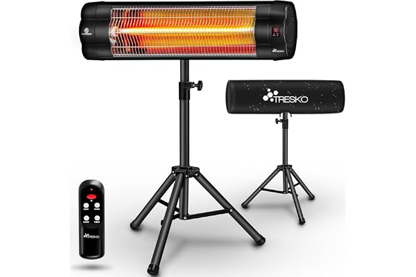 TRESKO Chauffage extérieur Infrarouge 2500W + Télécommande | Radiateur Rayonnant Électrique de Terrase | 3 Niveaux de Chaleur | Hauteur réglable