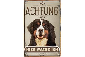 LUCKYLINDE 30 x 20 cm wetterfestes Blechschild, Warnhinweis, Torschild, Achtung, hier Wache ich! Warnung vor dem Hund (Berner Sennenhund)