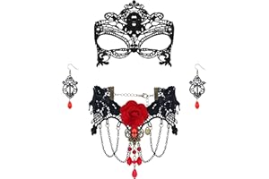 Finrezio Gothic Choker and Earrings Set - Black Necklace with Red Pendant and Lace Dangle Earrings for Women's Halloween Costume or Cosplay