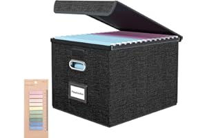 JTOOYS Upgraded Portable File Organiser Box with Lid, Large Capacity Multifunctional Foldable Fabric Hanging Filing Storage Box with Plastic Slide, Home/Office Filing System for File & Folders Storage-Black