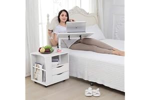 Emall Life funktioneller drehbarer Nachttisch aus verstellbarem Holz mit Schubladen, Rädern und offenem Regal (weiß)