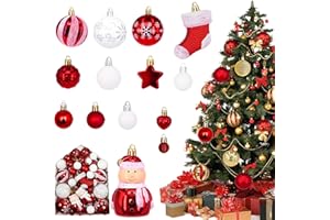 HidWee 72 Stück Weihnachtskugeln Plastik Set Rot Weiß, Klassische Christbaumkugeln Kunststoff Deko Weihnachten, Weihnachtsbaum Dekoration Set mit Aufhänger Bruchsicher, Weihnachtsdeko Innen Aussen