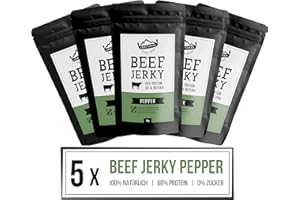 ‎CRAFTSMAN FINEST FOODS Craftsman Beef Jerky Pepper | Trockenfleisch ohne Zucker aus Deutschland - Bayern | Set 5 x 50g = 250g | 100% Rind | High Protein 68% | Pfeffer | 100% Natürlich