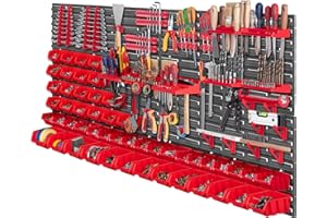 KADAX Kit de rangement mural, 156x78cm pour atelier, étagère murale pour garage, ensemble de mur à outils, système de rangement avec boites de rangement visibles, plaques murales extensibles (Rouge 95