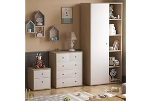 Junior Vida Neptune 3 Piece Bedroom Furniture Set 2 Drawer Bedside Table Cabinet, 5 Drawer Chest, 1 Door Wardrobe (White & Oak)