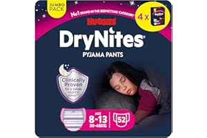 Huggies DryNites Pañales de Noche para Niña 8-13 (30-48 kg), Clínicamente Probado con 5 Capas de Máxima Protección Nocturna, 4 Packs de 13, Total 52 Bragas Absorbentes