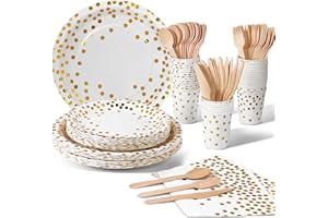 Nkaiso 140pcs Party Vaisselle,Kit Vaisselles Anniversaire Assiette Dîner Papier Tasse Serviette, Enfants Party Fête Mariages Baby Shower Noël, 20 invités (Blanc Or)