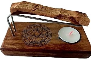 YA-DECOREGALOS Quemador para Palo Santo, Incienso o Atados Artesano, con Base de Madera Natural, Varillas metalicas, Palo Santo y velita de té incluidos. simbolo Pentagrama SIMBOLO DE PROTECCIÓN