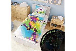 ‎CARPE SONNO Carpe Sonno Kinder Bettwäsche 135x200 Kinder [Leuchtet im Dunkeln] Fußball + 10 Spiele | 100% Baumwolle + Oeko-Tex 100 | Leuchtende Kinderbettwäsche 135x200 | Jungen Bettwäsche Fussball