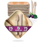 Waipur Palm Leaf Disposable Plates &ndash; Set of 25 Large + Cutlery | 25 plates 25 x 25 cm, 25 knives and 25 wooden forks; elegant