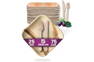 Waipur Platos Desechables de Hoja de Palma y Cubiertos de Madera - Set de 25 Cuadrados 25x25 cm, Cuchillos y Tenedores - Vajilla Biodegradable - Elegantes para Fiestas - como Menaje de Bambu