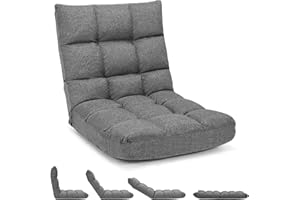 COSTWAY Folding Sofa Chair, 14-Positions Adjustable Lazy Floor Sofa Bed, Linen Fabric Single Padded Lounge Sleeper Recliner Floor Chair Seat for Meditation, Gaming and Reading (Grey)