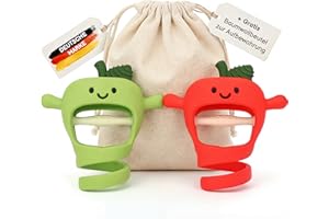 Valy&Oli® Beißring Baby - Bleibt an der Hand - Zahnungshilfe mit Spiral-Handschuh - Apfel Design im 2er Set - Silikon Beißspielzeug und Zahnungshilfe Baby