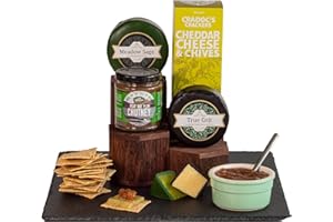 InterCheese | Classic 2 Cheese Truckles Hamper Gift with Crackers and Chutney using Mature Cheddar and Derby Cheeses presented in Wood Wool