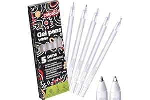 colozoo 5pcs Juego de Bolígrafos de Gel Blancos con Tamaños de Punta: 0,5, 0,7, 0,8, 1,0, 1,2 mm | Bolígrafos de gel blanco para papel negro | Bolígrafo de dibujo blanco - Material escolar estético