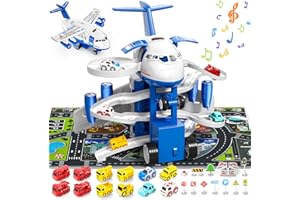 DOLOOWEE Juguetes de Avión de Carga de Transporte, con Música y Luz Juego de Juguete de Coche de Avión, con Juguete de Coche de Vehículo 1 Mapa 1 Barricada para Niños y Niñas de 3+ Años (Azul)