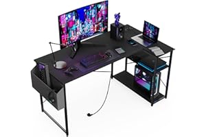 BEXEVUE Escritorio de Esquina con Regleta Enchufes - 120x70 cm Mesa de Ordenador en Forma L, Estantes de Almacenamiento, Oficina Esquina Reversible Desk para Estudio Trabajo Dormitorio Hogar Negro