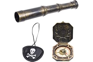 Eco-Fused Cosplay Telescopio e Bussola di Scena con Benda sull'Occhio a Tema Pirata - Decorazione per Accessori per Feste retrò Antico - Tesoro Vintage Cannocchiale Meridiana Nave Capitano