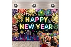 BUTEN 2026 Happy New Year Backdrop Neon Fireworks New Years Eve Party Background 2026 NYE Family Party Decorations Photo Background (6X4FT(70 x 40 inch))