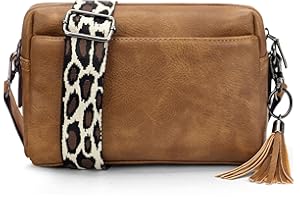 JANZORE Crossbody Bag Damen Umhängetasche Kleine Breiter Gurt Schultertasche Veganem Leder Moderne Multi Pochette Taschen Mit Drei Reißverschlussfächern Handtasche Geschenkbox (Braun)