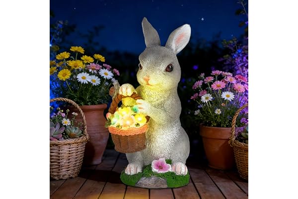 Cuteefun Statue Solaire de Lapin pour Jardin Extérieur, Deco Jardin Exterieur Animaux avec Lumière Solaire, Statue de Lapin Portant Un Panier, Décoration D'intérieur et Cadeau de Crémaillère