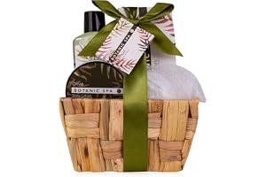Accentra OLIVE SPA badset i sjögräskorg 150 g badsalt vit grön brun | Presentförpackad kroppsvård med duschgel, bodylotion och nätsvamp, dekorativt inslagen för födelsedag eller egentid
