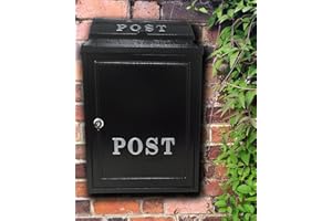Aurahome® Vintage Weatherproof Post Box Plain Design Personalisable-Lockable Heavy Duty Secure Wall Mounted Letter Mail Post Box Post for Walls/Gates/Garages.Charming (Black with Silver Post Sign)