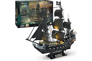 CubicFun Puzzle 3D, z oświetleniem LED, 68 cm, Black Pearl (Queen Anne's Revenge), duży model statku, prezent urodzinowy dla dorosłych, 340 elementów (1/95, LED, Queen Anne's Revenge)