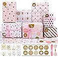 FullJoyHut 7 Pink and Gold Gift Wrapping Paper Sheets 70X50CM, including 16 Kraft Paper Gift Tags, 20 Stickers, 4 Gold Jute Twine String for Women, Birthday, Valentine,Christmas