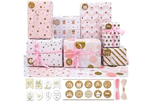 FullJoyHut Papel de Regalo Kraft Rosa y Oro con 7 Hojas Reciclable Papel de Regalo Navideño 70x50cm,8 Etiquetas Regalo,10 Pegatinas, Yute Cuerda para Baby Shower, Boda,San Valentín, Cumpleaños