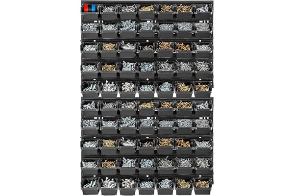 KADAX Verkstadshylla, 58 x 78 cm, robust plastförvaringssystem, UV-beständigt, utdragbara väggplattor, garagehylla, svart, 70 stycken