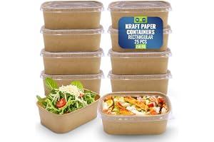 Disposable 25-Pack Kraft Paper Containers 750 ml with Lid, Rectangular Disposable Bowls, Sturdy Food Salad Containers, Eco-Friendly Takeaway Lunch Boxes, Microwave Safe, Heavy Duty Meal Prep Box
