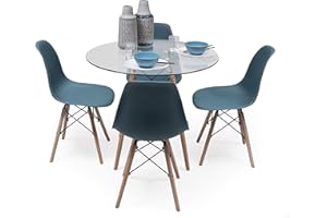 SENSACION DE HOGAR HOMELY MUEBLES DECORACION DESCANSO Homely - Conjunto de Comedor Nordic Cristal 100 Mesa de Cristal Redonda de 100 cm y 4 sillas nórdicas (Turquesa)