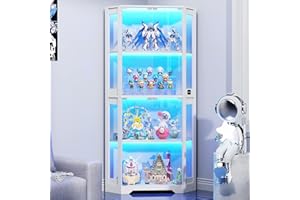 BROTTAR 4 Shelf Corner Display Cabinets with Glass Doors, 65" Tall Bookcase with Lights/Human Sensor, Display Case with Magnetic Lock for Storage Collectables Bedroom Living Room Office, White