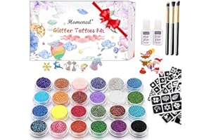 HOMENED Glitzer Tattoo Set, 30 Farben Glitzer tattoos Kinder Glitzer Make Up mit 153 Schablonen, ungiftige Tattoos für Jungen Mädchen Erwachsenen Party,Bestes Geschenk für Kinder